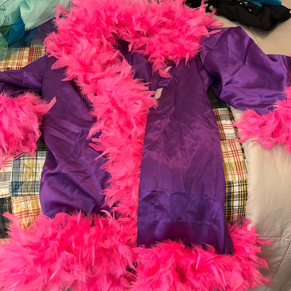 purple silk robe with pink feathers